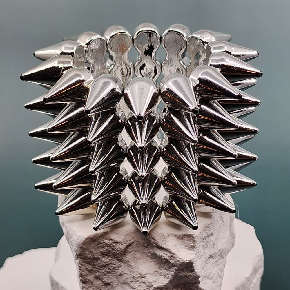 Silver Tone Spiked Stretch Bracelet Wide Multi Row Punk Goth Statement Cuff